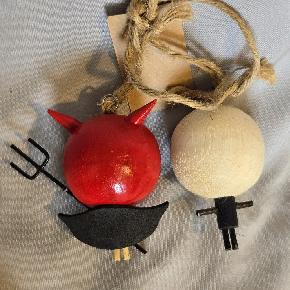 Pier 1 Halloween Devil Skeleton Ornaments Wood Handcrafted Thailand Set of 2